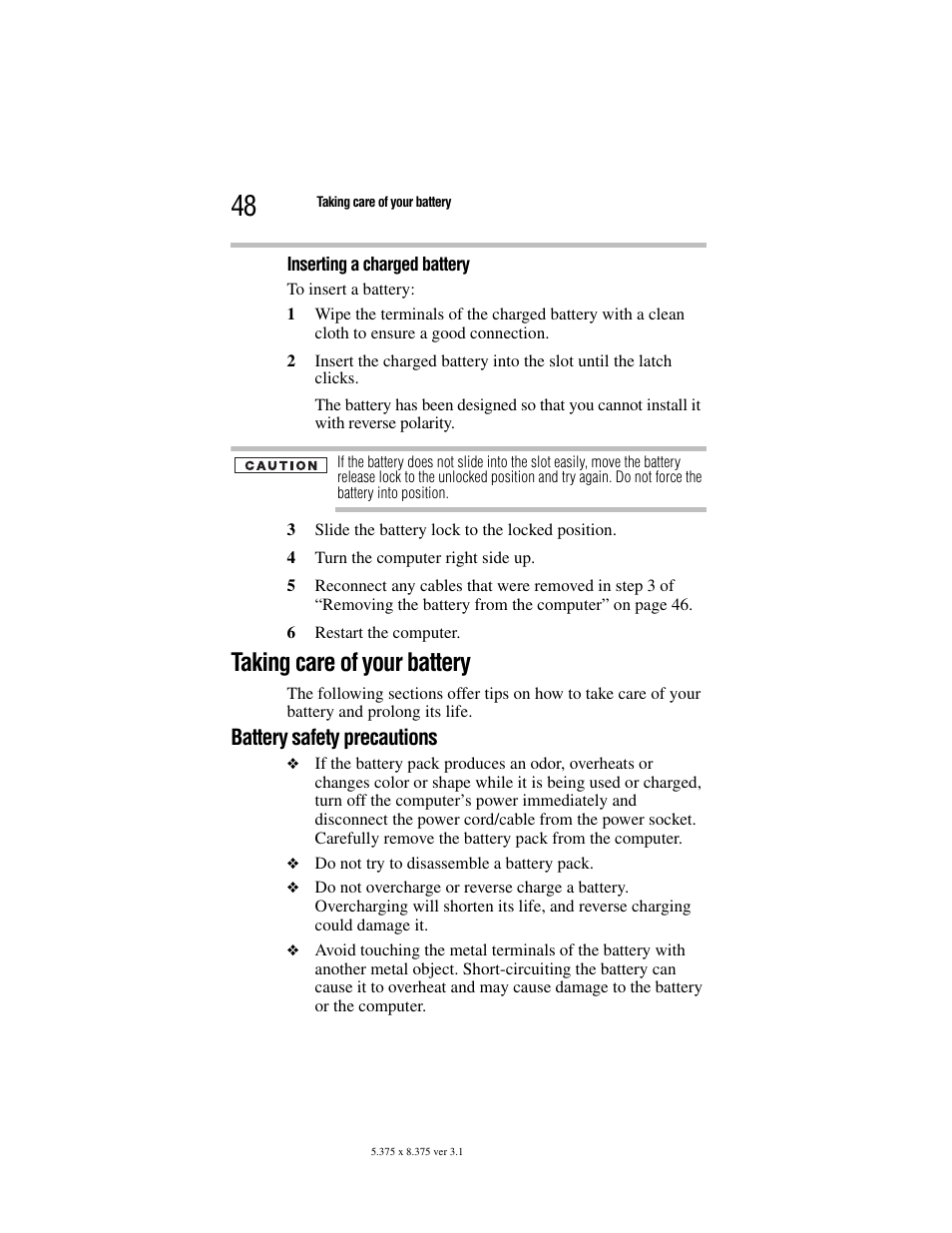 Inserting a charged battery, Taking care of your battery, Battery safety precautions | Toshiba M105 User Manual | Page 48 / 60