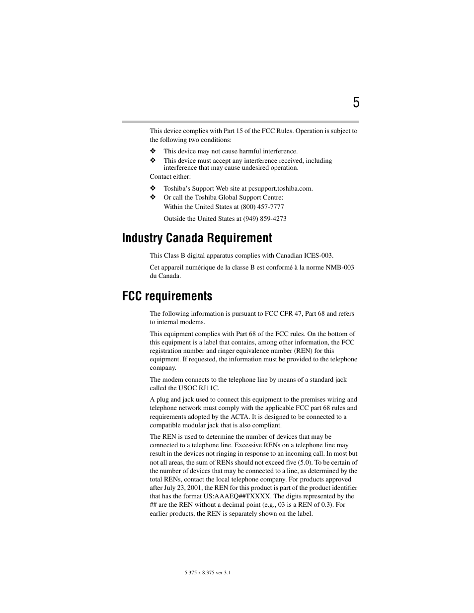 Industry canada requirement, Fcc requirements | Toshiba M105 User Manual | Page 5 / 60