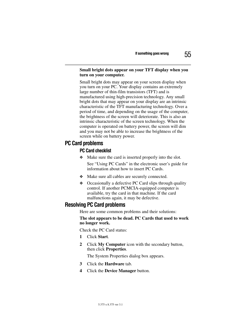Pc card problems, Pc card checklist, Resolving pc card problems | Toshiba M105 User Manual | Page 55 / 60