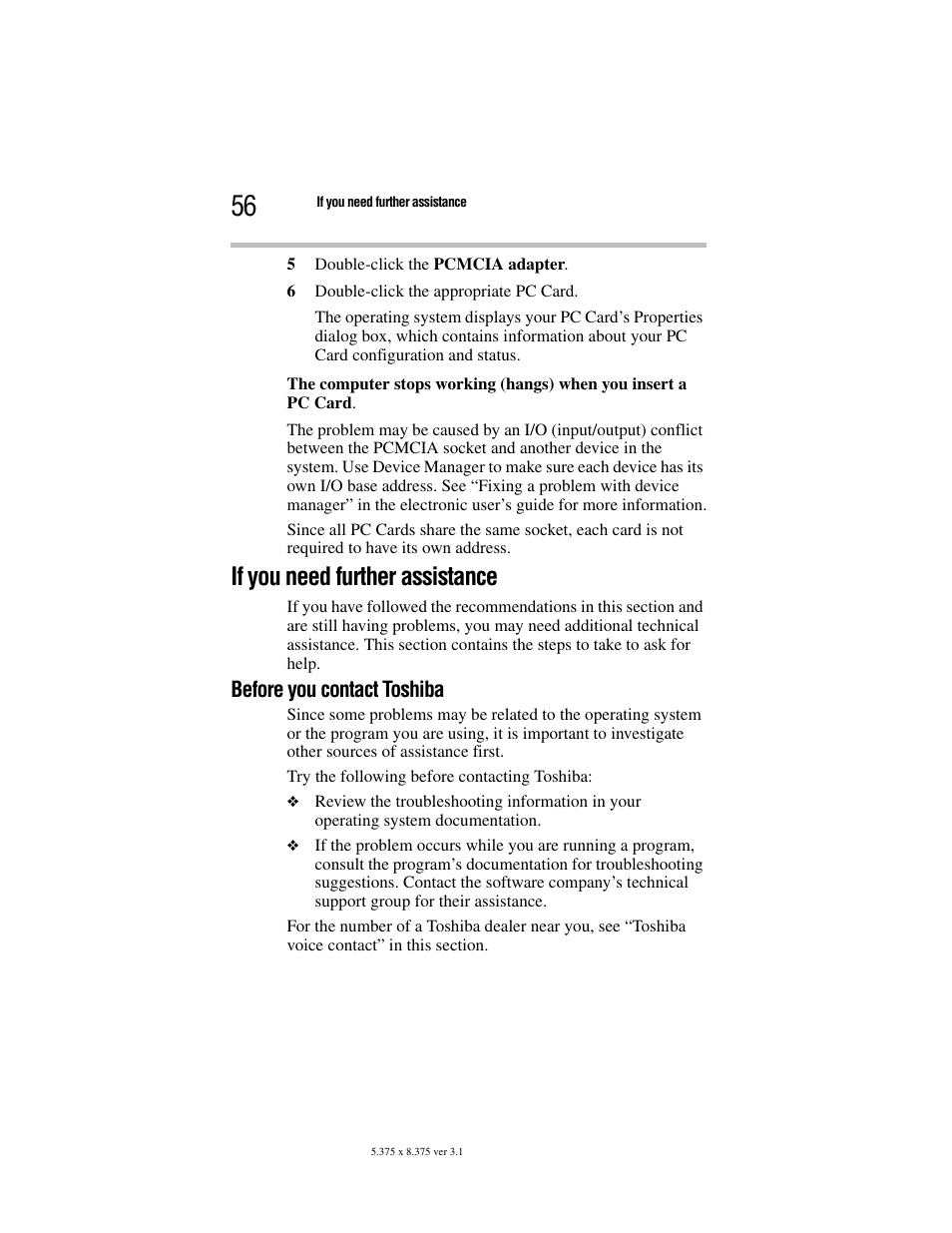 If you need further assistance, Before you contact toshiba | Toshiba M105 User Manual | Page 56 / 60