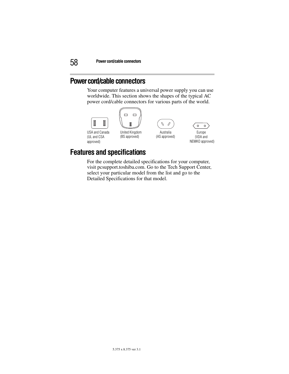 Power cord/cable connectors, Features and specifications | Toshiba M105 User Manual | Page 58 / 60