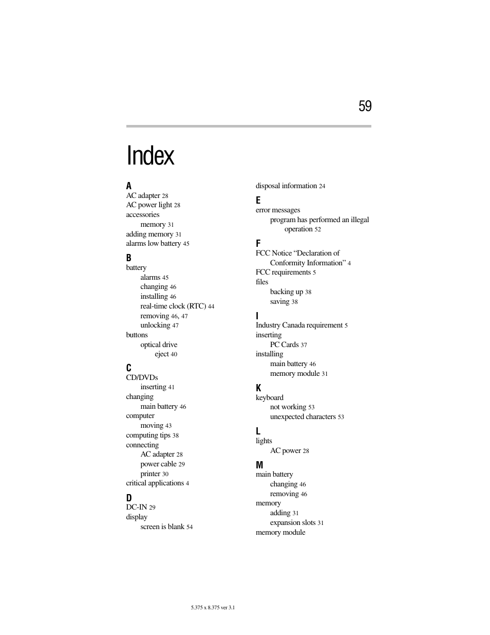 Index | Toshiba M105 User Manual | Page 59 / 60