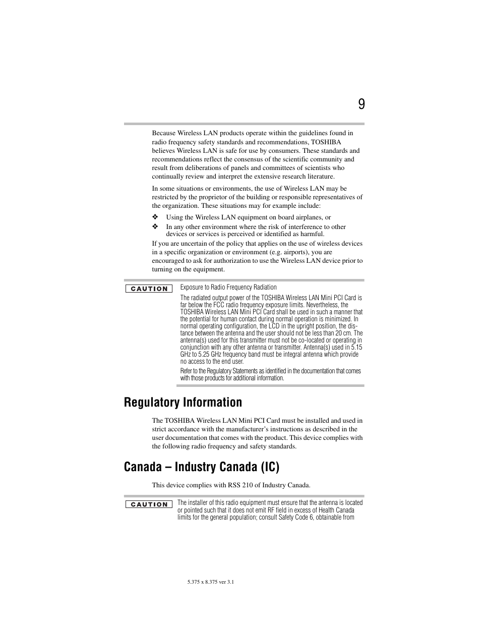 Regulatory information, Canada – industry canada (ic) | Toshiba M105 User Manual | Page 9 / 60