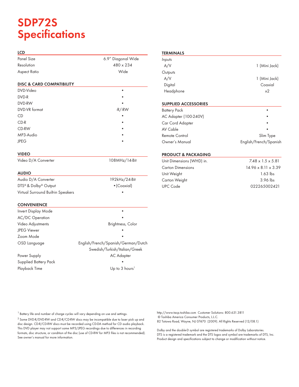 Sdp72s speciﬁ cations | Toshiba SDP72S User Manual | Page 2 / 2