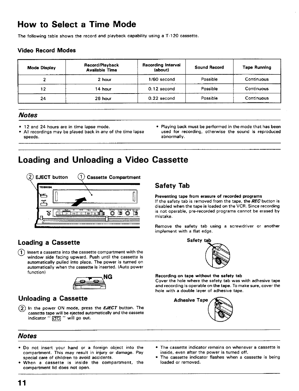 How to select a time mode, Loading and unloading a video cassette, Unloading a cassette | Safety tab, Loading a cassette | Toshiba KV-5024A User Manual | Page 12 / 20
