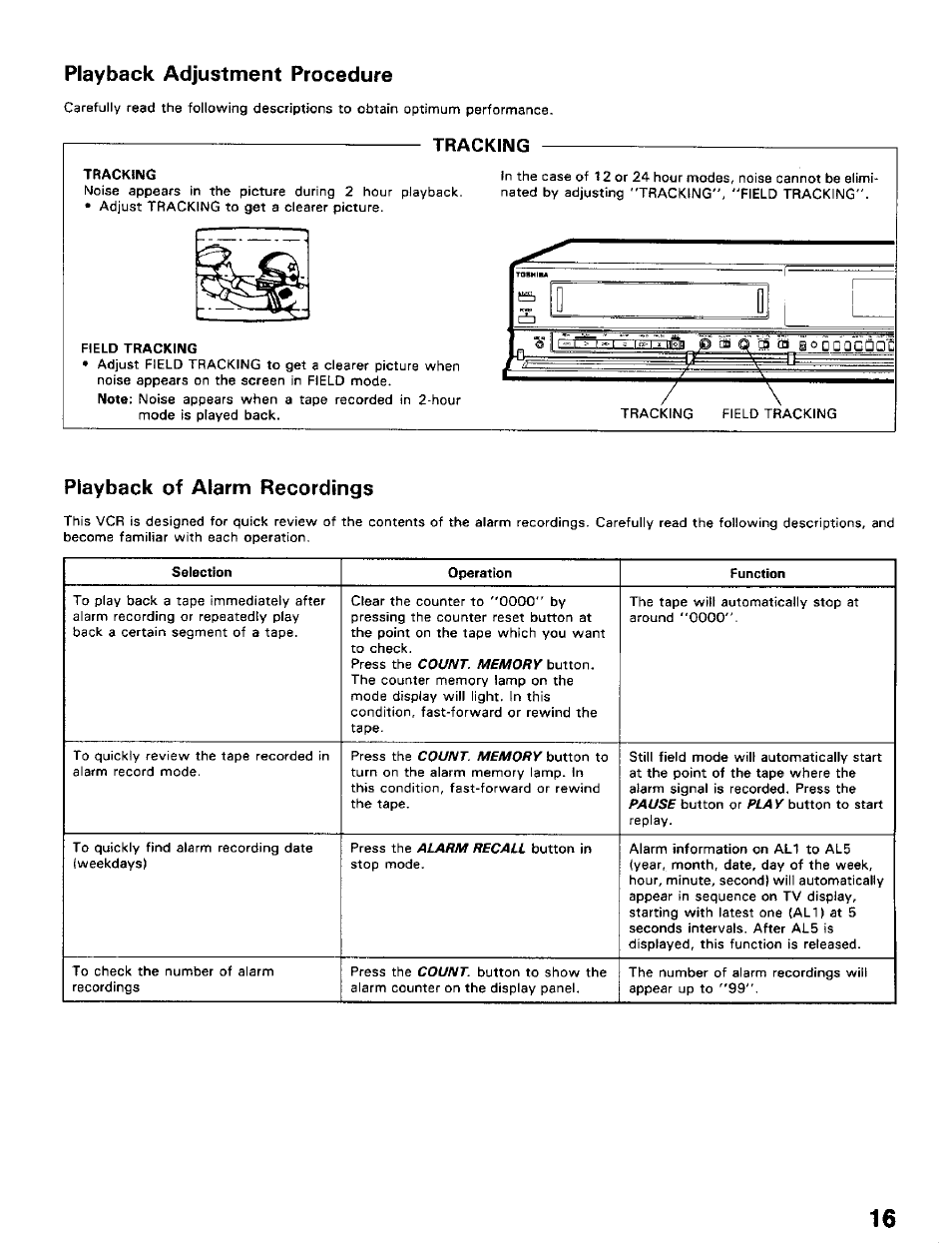 Playback adjustment procedure, Tracking, Field tracking | Playback of alarm recordings, Playback of alarm recording | Toshiba KV-5024A User Manual | Page 17 / 20