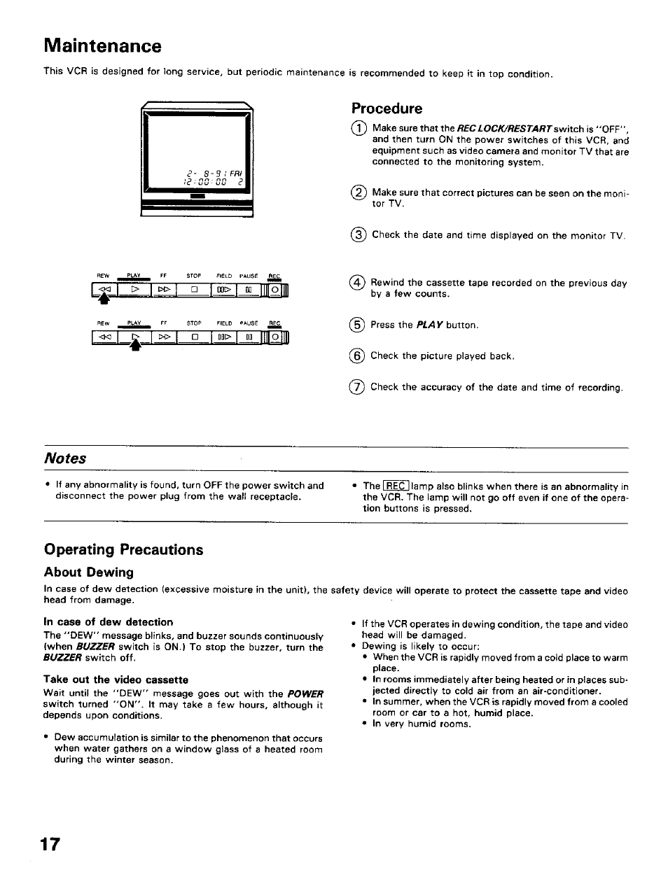 Maintenance, Procedure, Operating precautions | About dewing | Toshiba KV-5024A User Manual | Page 18 / 20
