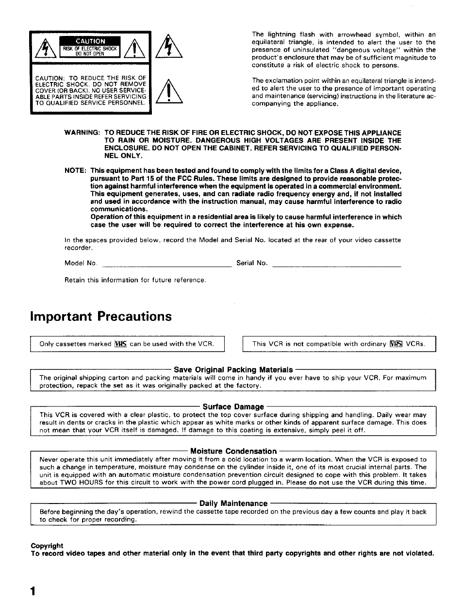 Important precautions, Save original packing materials, Surface damage | Moisture condensation, Daily maintenance | Toshiba KV-5024A User Manual | Page 2 / 20