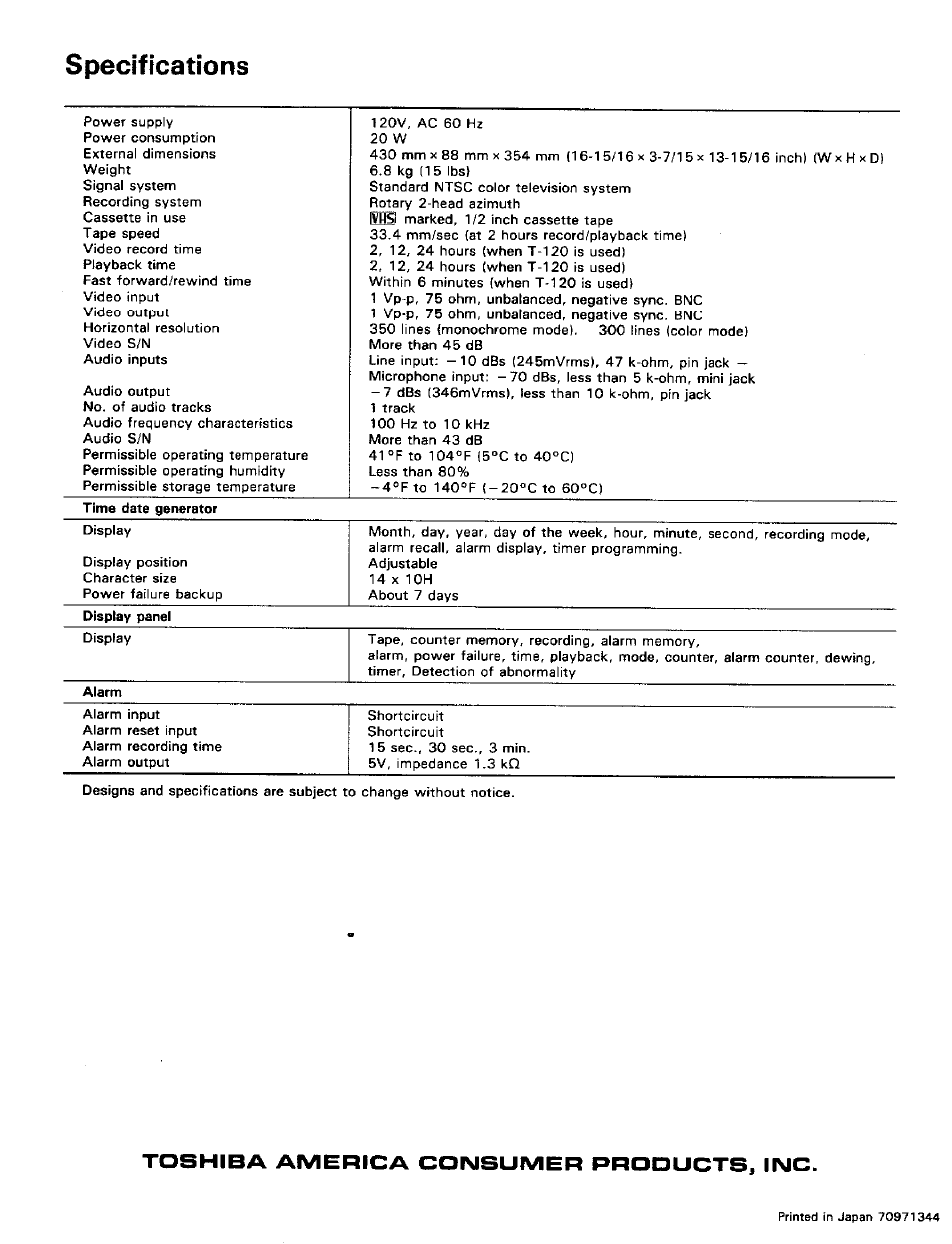 Specifications, Toshiba america consumer rrooucts, inc | Toshiba KV-5024A User Manual | Page 20 / 20