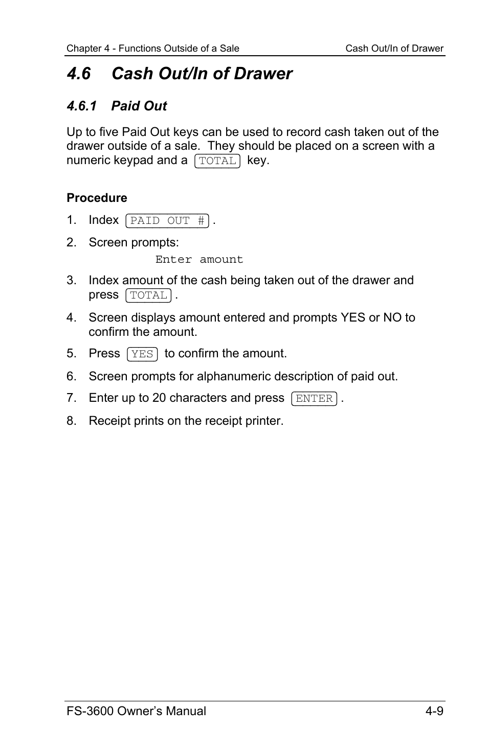 6 cash out/in of drawer, 1 paid out | Toshiba TEC FS-3600 User Manual | Page 109 / 146