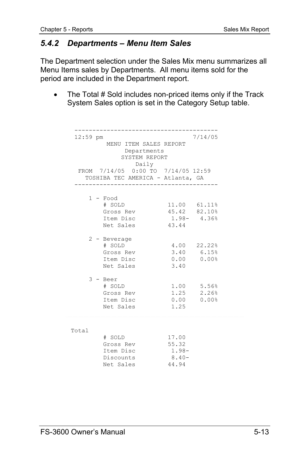 2 departments – menu item sales | Toshiba TEC FS-3600 User Manual | Page 123 / 146