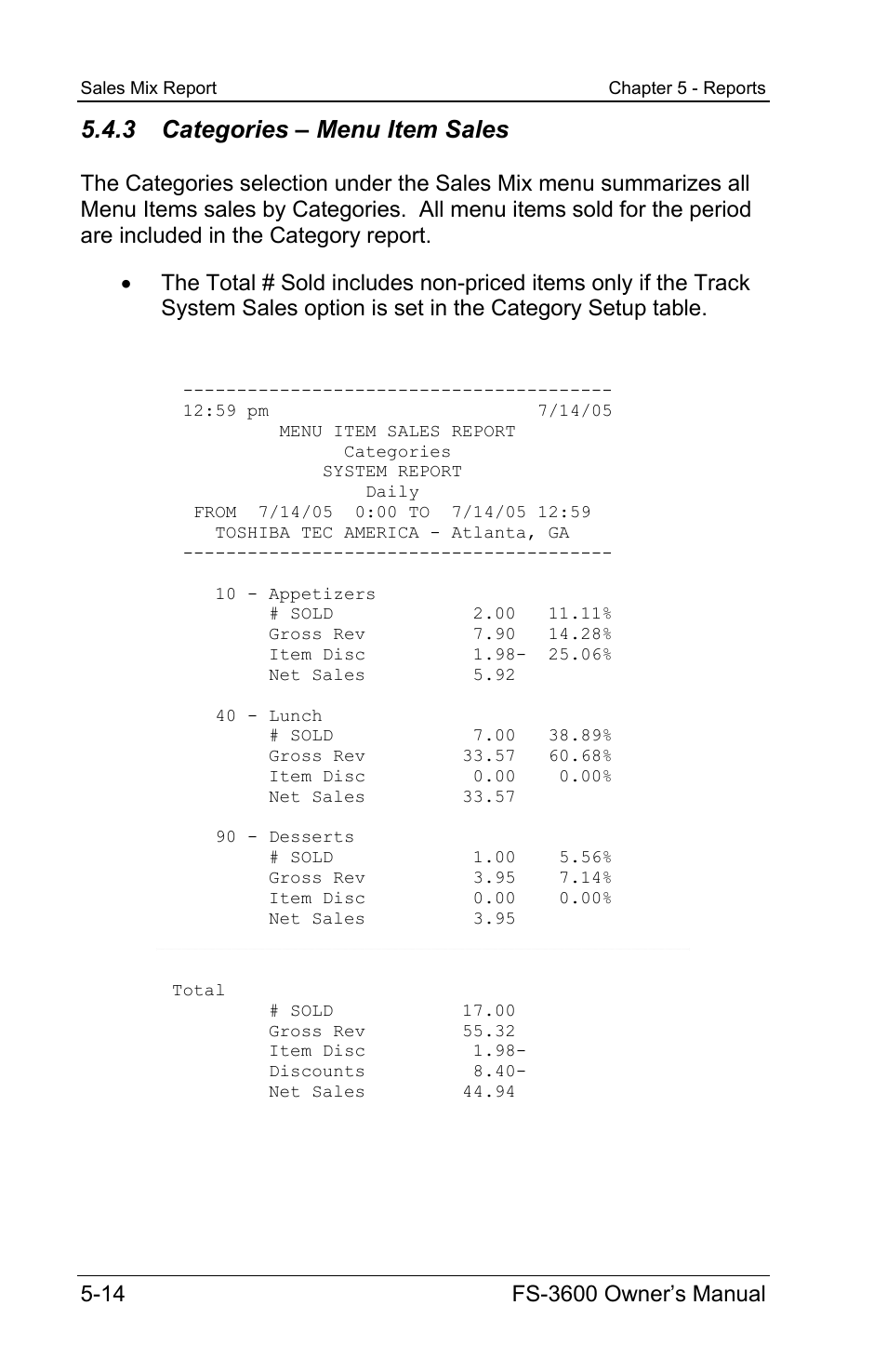 3 categories – menu item sales | Toshiba TEC FS-3600 User Manual | Page 124 / 146