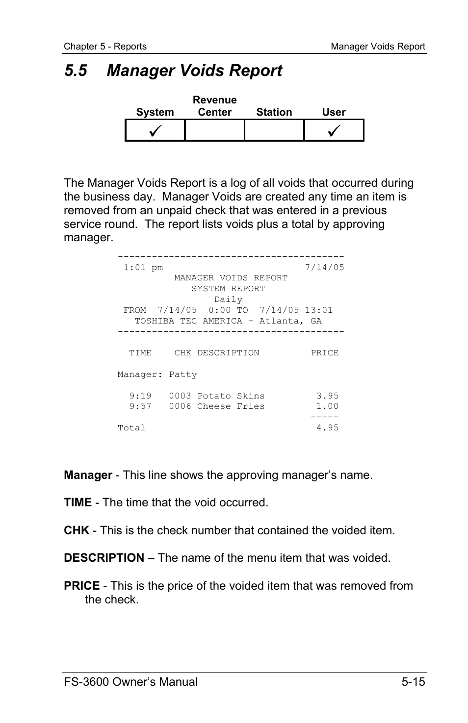 5 manager voids report | Toshiba TEC FS-3600 User Manual | Page 125 / 146