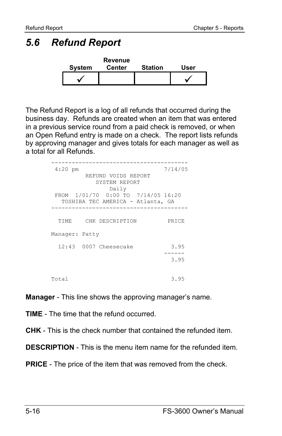 6 refund report | Toshiba TEC FS-3600 User Manual | Page 126 / 146