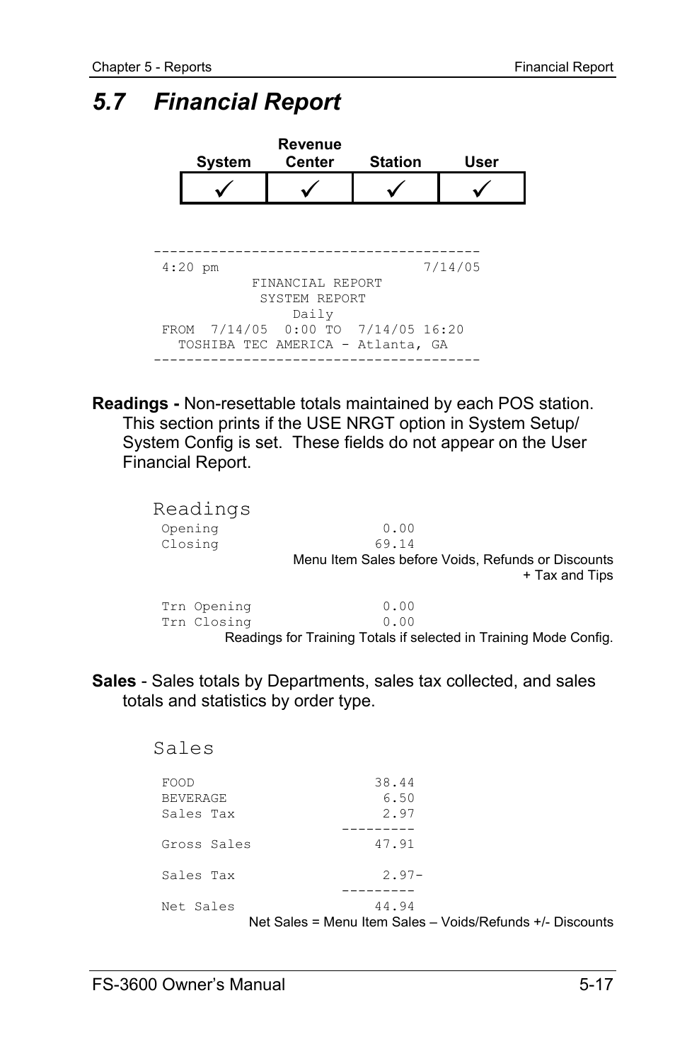 7 financial report, Readings, Sales | Toshiba TEC FS-3600 User Manual | Page 127 / 146