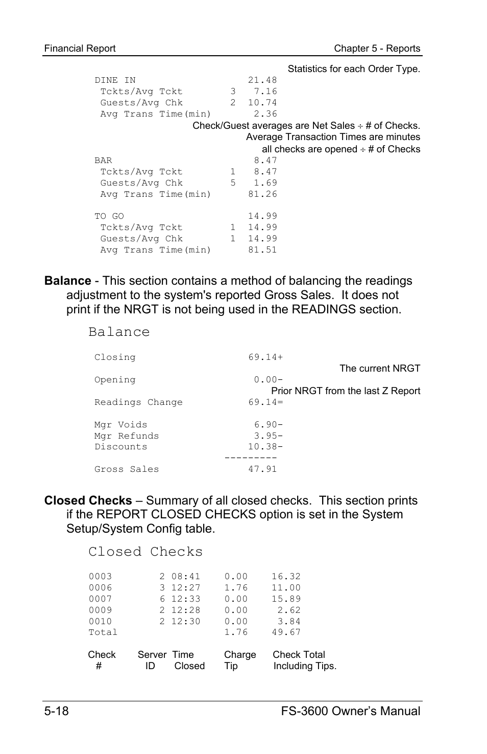 Balance, Closed checks | Toshiba TEC FS-3600 User Manual | Page 128 / 146