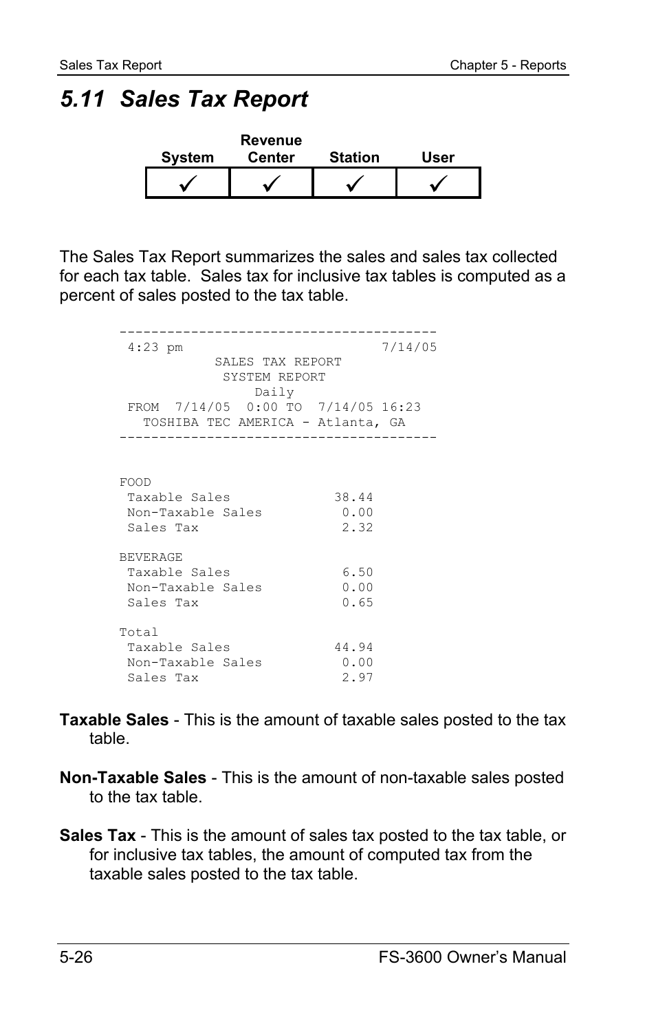 11 sales tax report | Toshiba TEC FS-3600 User Manual | Page 136 / 146