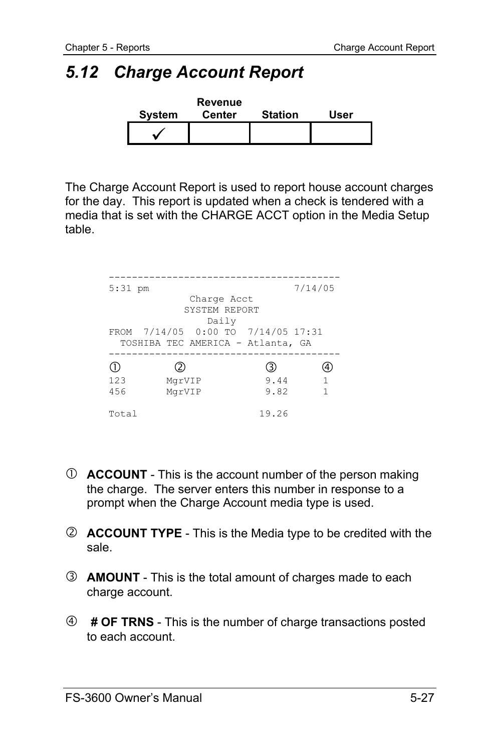 12 charge account report | Toshiba TEC FS-3600 User Manual | Page 137 / 146