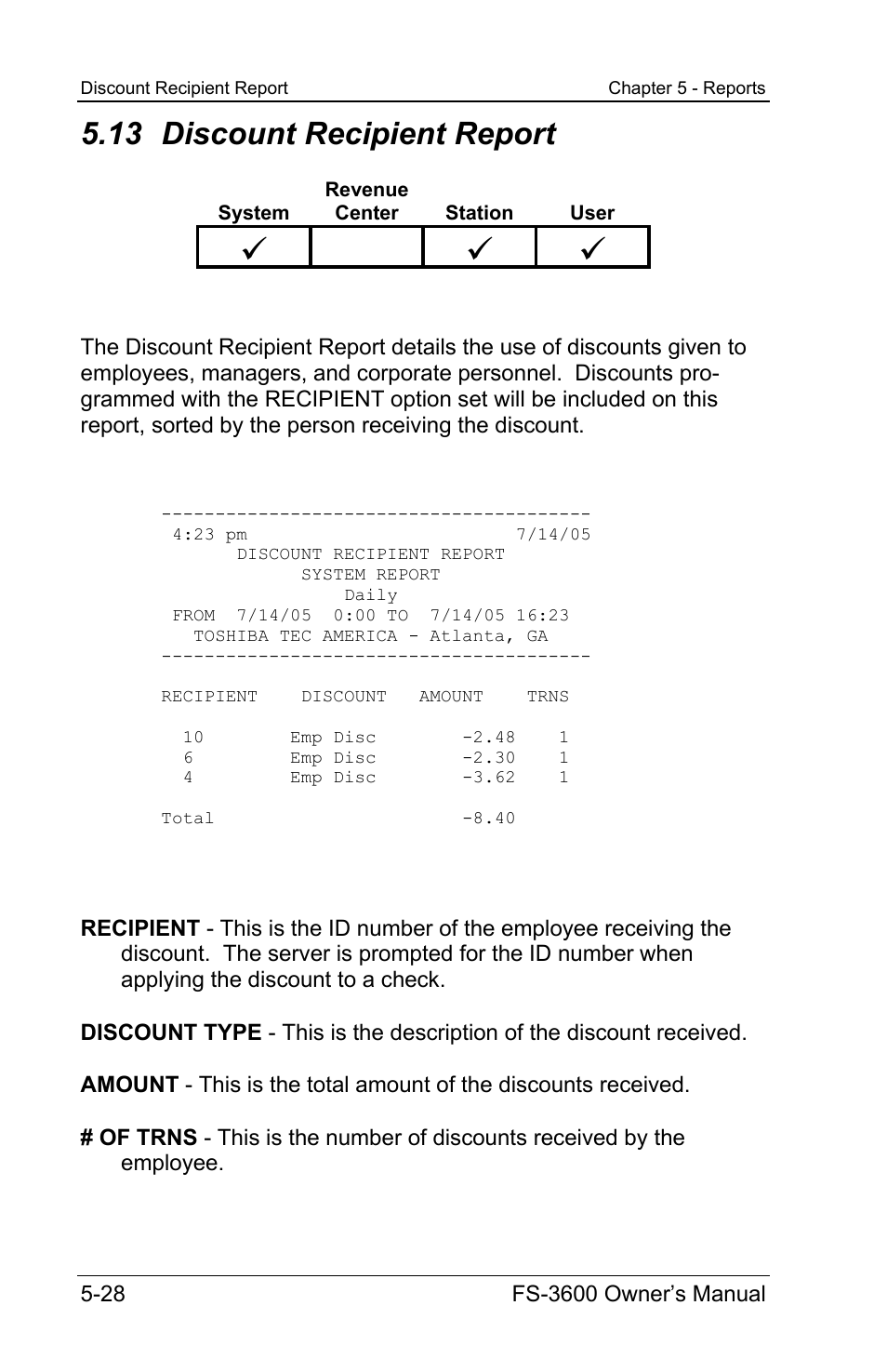 13 discount recipient report | Toshiba TEC FS-3600 User Manual | Page 138 / 146