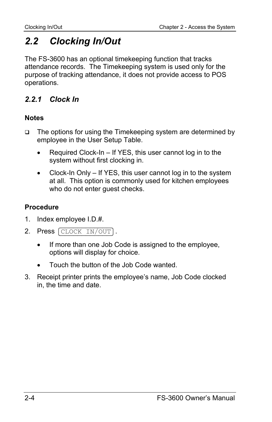 2 clocking in/out, 1 clock in | Toshiba TEC FS-3600 User Manual | Page 36 / 146