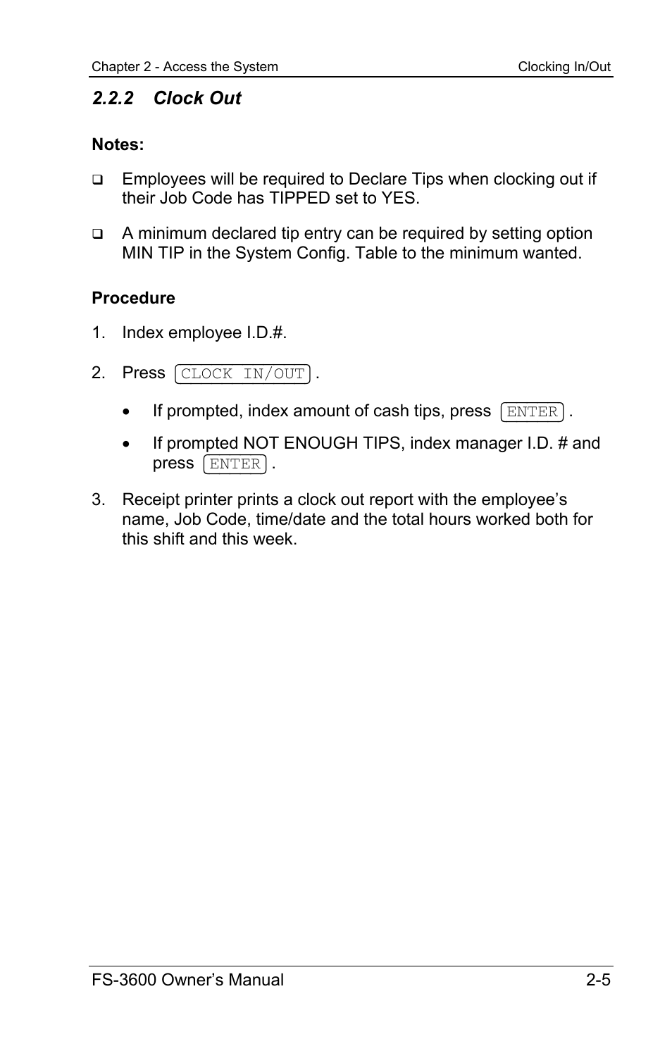 2 clock out | Toshiba TEC FS-3600 User Manual | Page 37 / 146