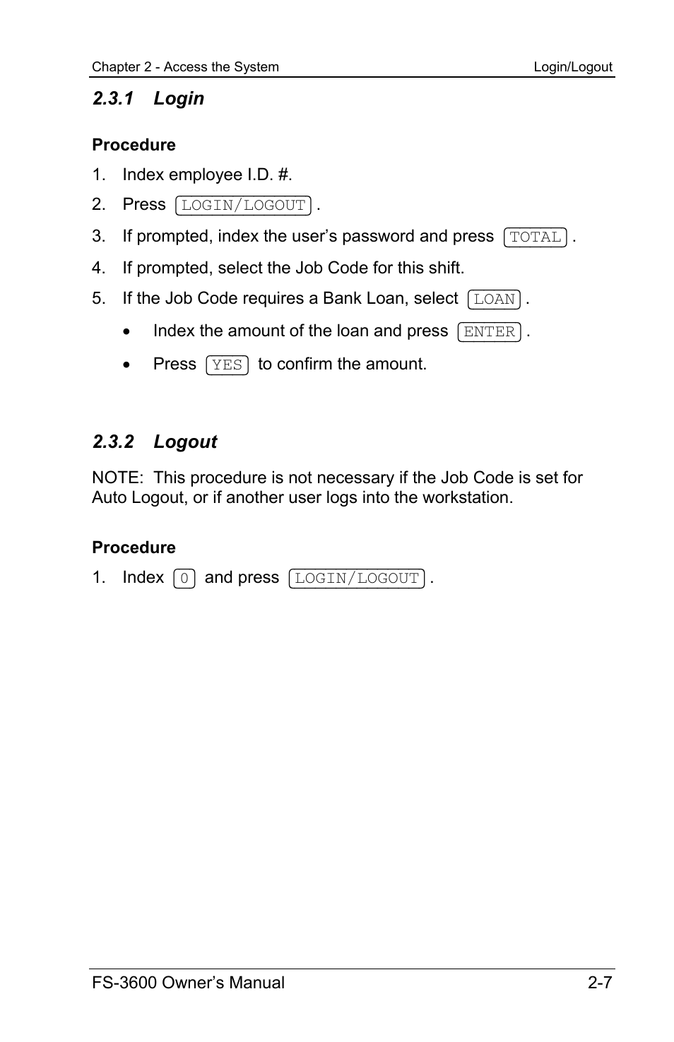 1 login, 2 logout | Toshiba TEC FS-3600 User Manual | Page 39 / 146