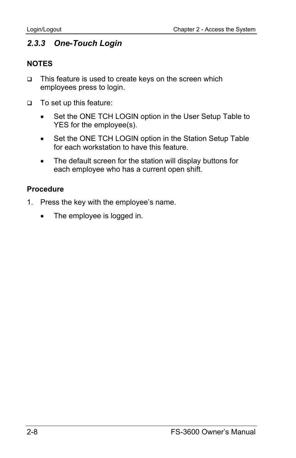 3 one-touch login | Toshiba TEC FS-3600 User Manual | Page 40 / 146