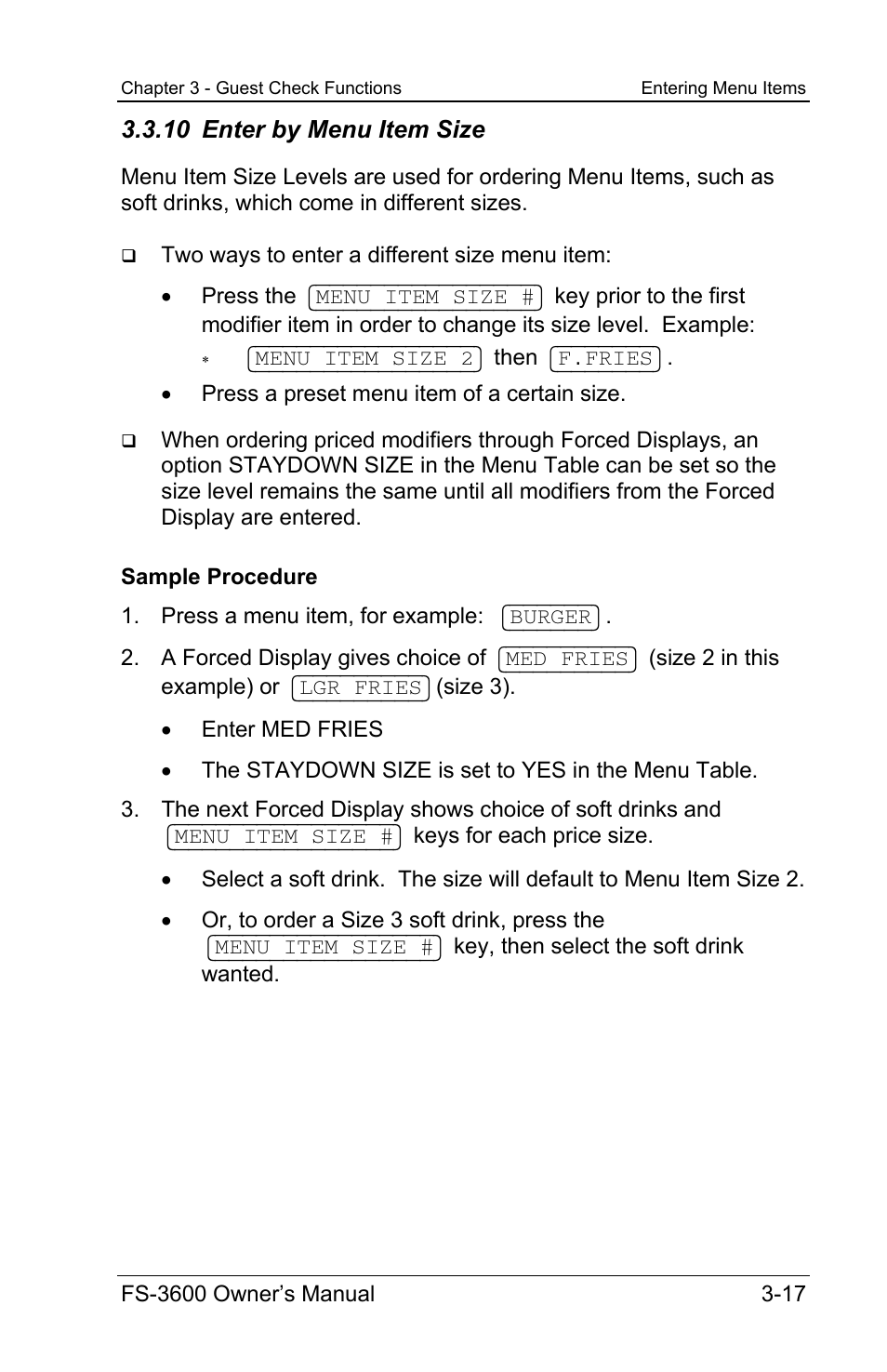 10 enter by menu item size | Toshiba TEC FS-3600 User Manual | Page 57 / 146