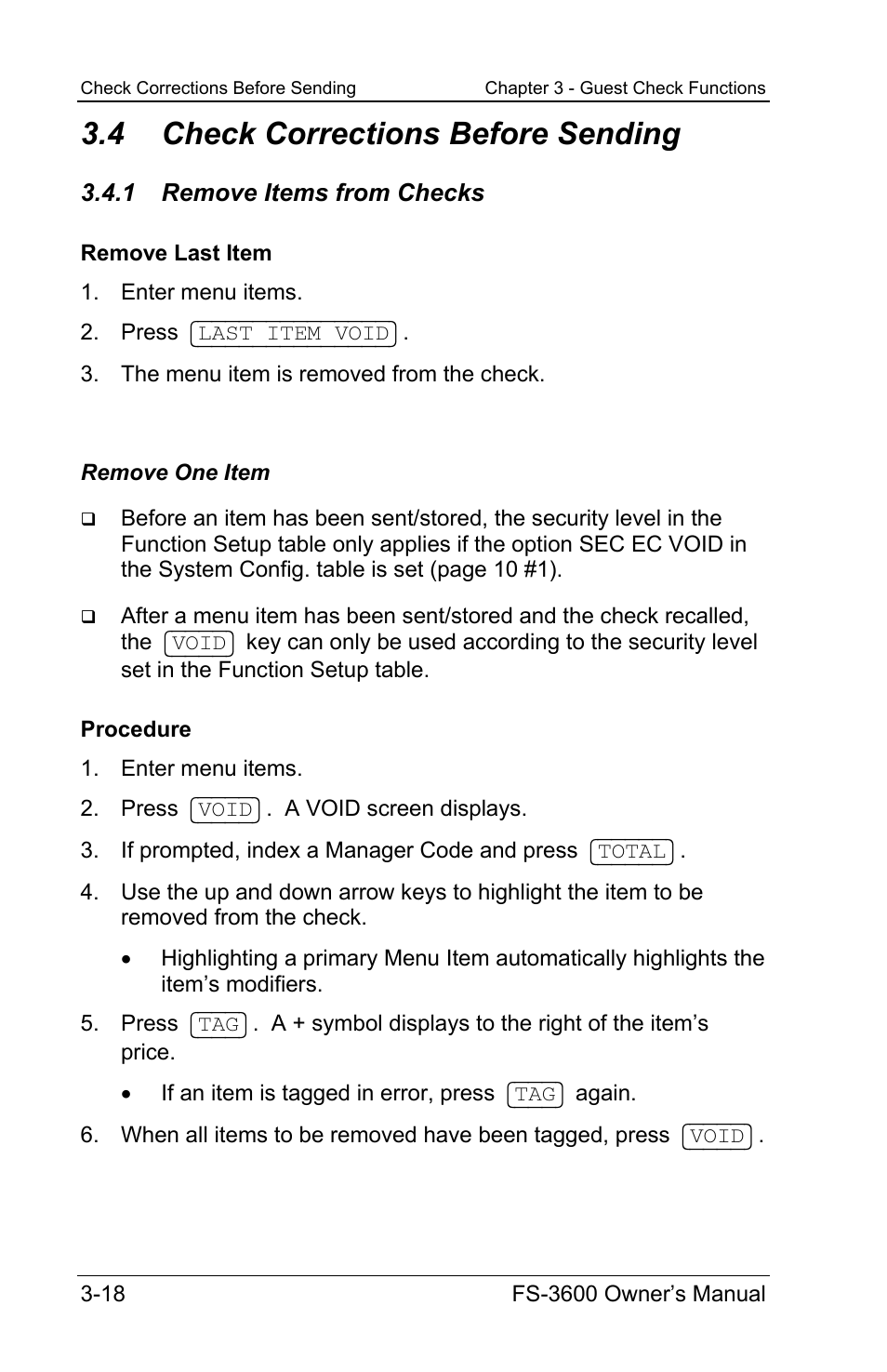 4 check corrections before sending, 1 remove items from checks | Toshiba TEC FS-3600 User Manual | Page 58 / 146