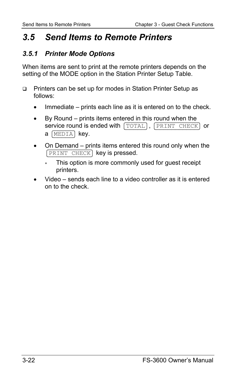 5 send items to remote printers, 1 printer mode options | Toshiba TEC FS-3600 User Manual | Page 62 / 146