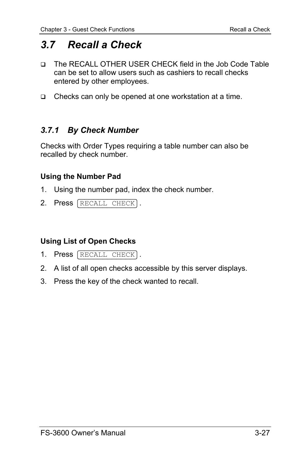 7 recall a check, 1 by check number | Toshiba TEC FS-3600 User Manual | Page 67 / 146