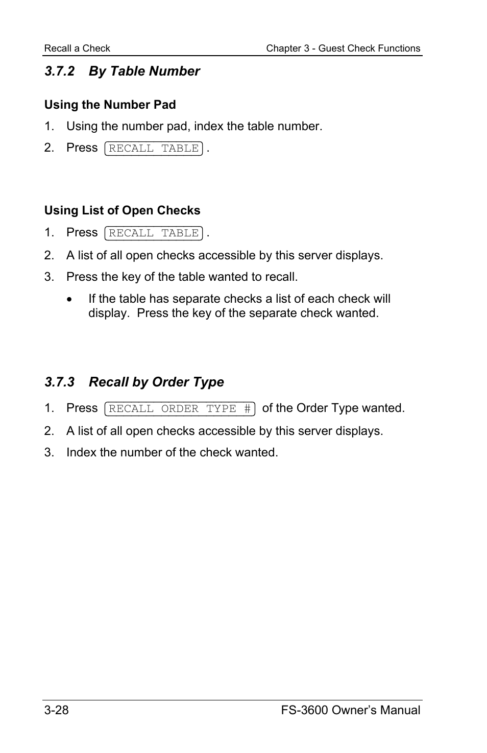 2 by table number, 3 recall by order type | Toshiba TEC FS-3600 User Manual | Page 68 / 146