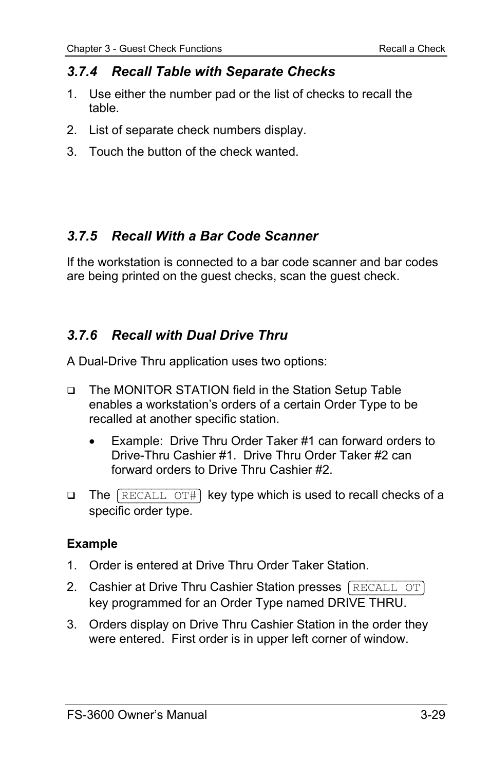 4 recall table with separate checks, 5 recall with a bar code scanner, 6 recall with dual drive thru | Toshiba TEC FS-3600 User Manual | Page 69 / 146