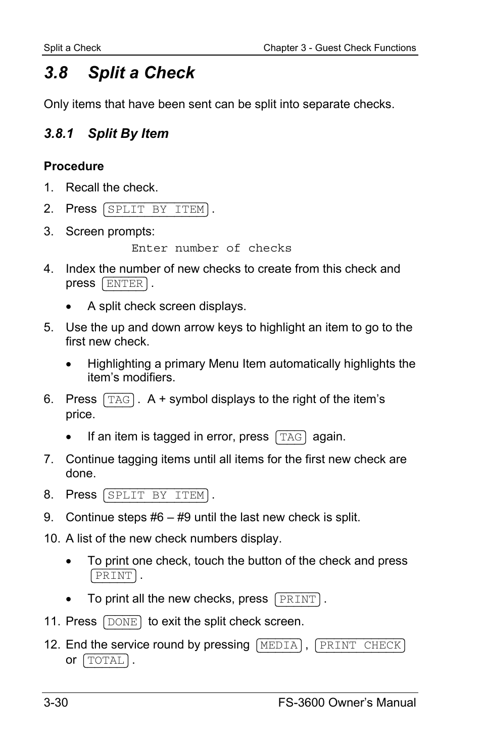 8 split a check, 1 split by item | Toshiba TEC FS-3600 User Manual | Page 70 / 146