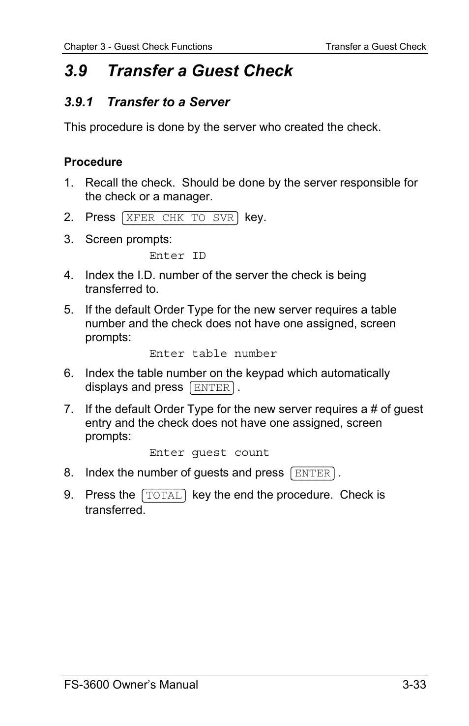 9 transfer a guest check, 1 transfer to a server | Toshiba TEC FS-3600 User Manual | Page 73 / 146