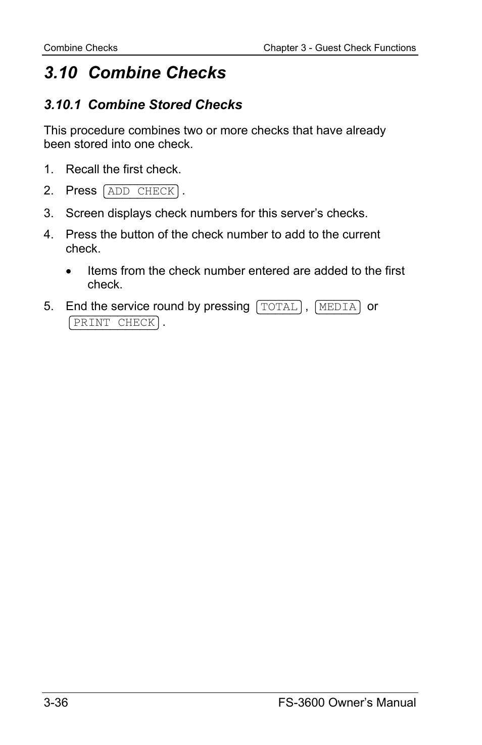 10 combine checks, 1 combine stored checks | Toshiba TEC FS-3600 User Manual | Page 76 / 146