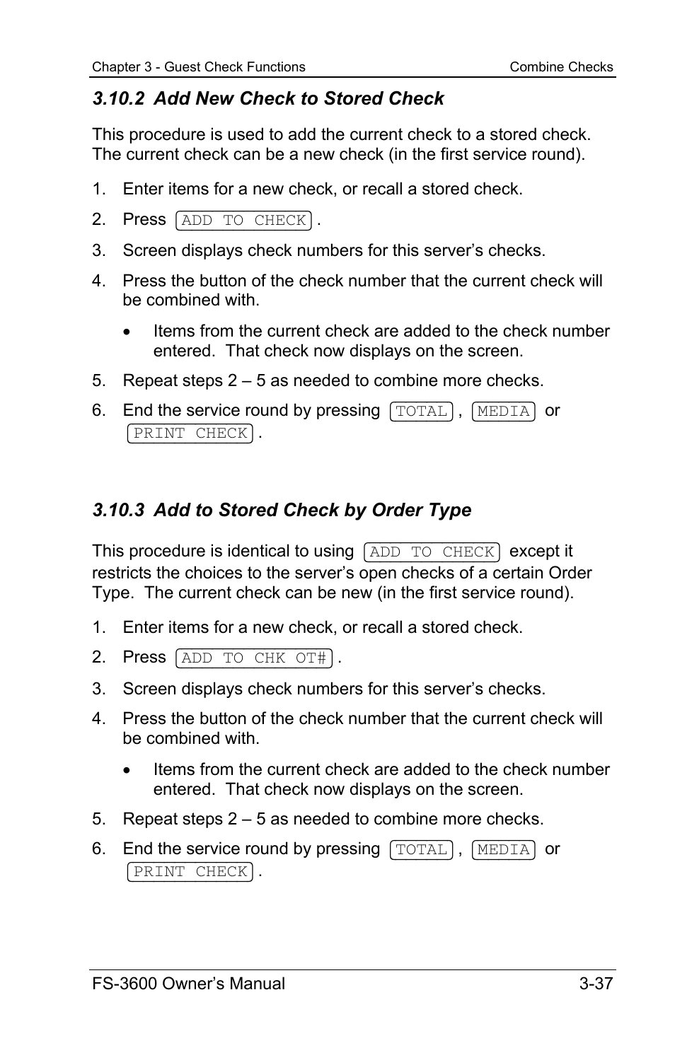 2 add new check to stored check, 3 add to stored check by order type | Toshiba TEC FS-3600 User Manual | Page 77 / 146