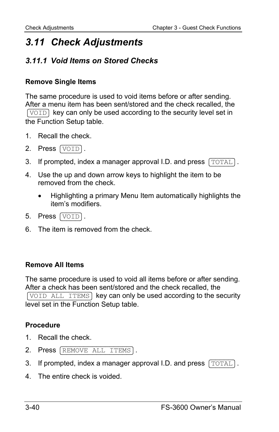 11 check adjustments, 1 void items on stored checks | Toshiba TEC FS-3600 User Manual | Page 80 / 146
