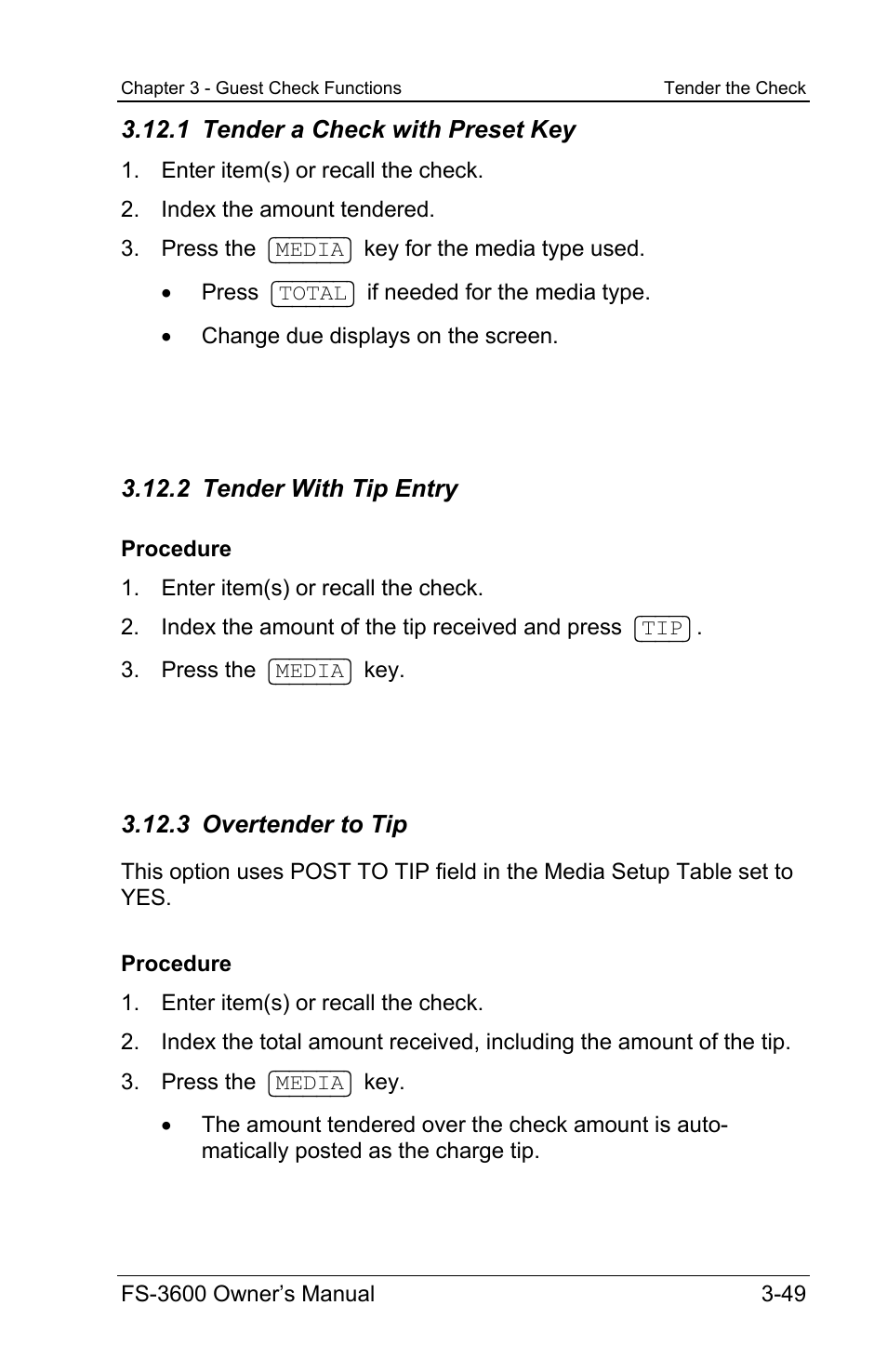 1 tender a check with preset key, 2 tender with tip entry, 3 overtender to tip | Toshiba TEC FS-3600 User Manual | Page 89 / 146