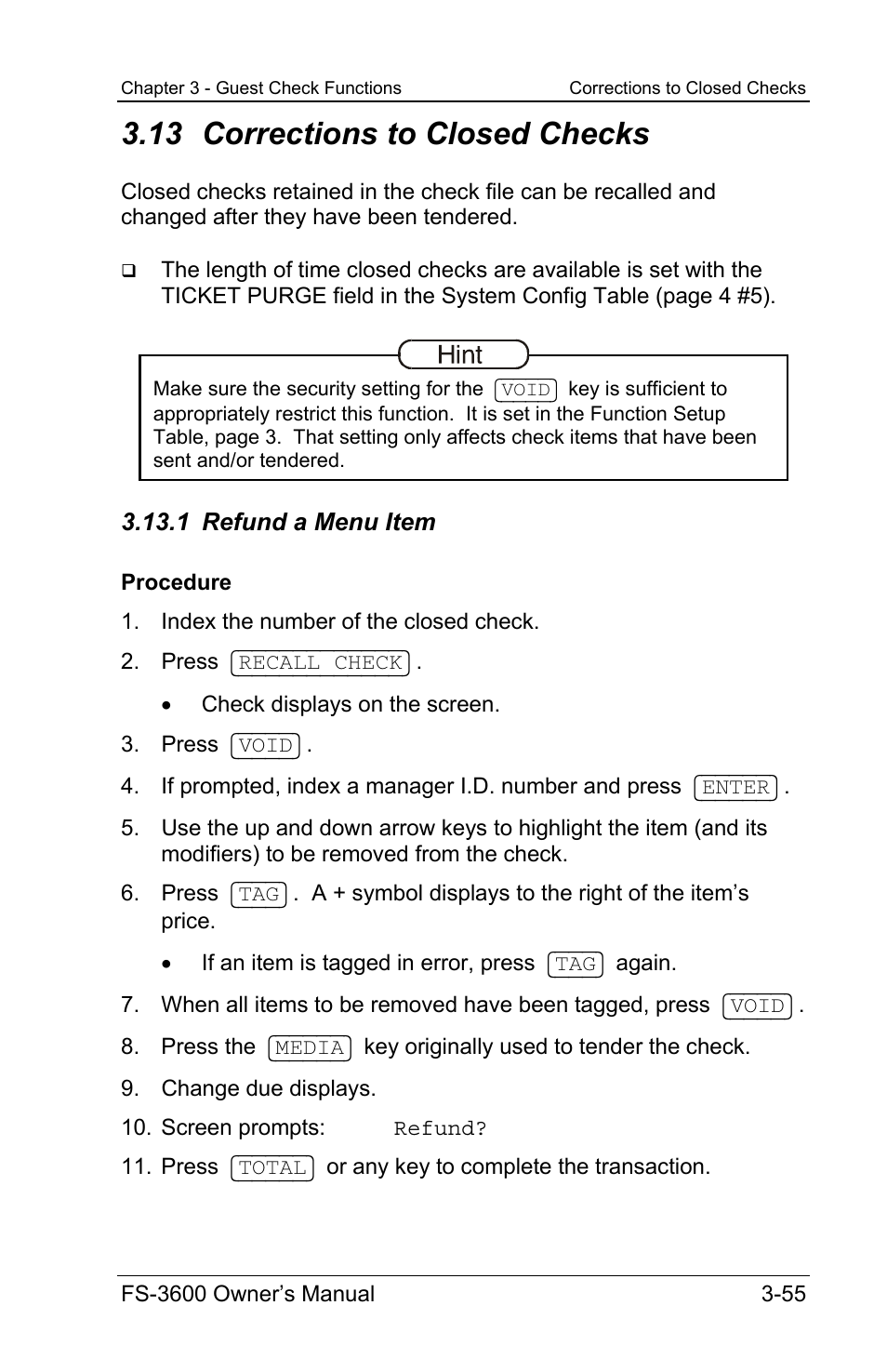 13 corrections to closed checks, 1 refund a menu item | Toshiba TEC FS-3600 User Manual | Page 95 / 146