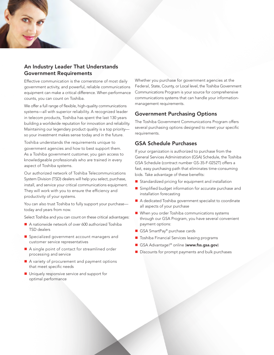 Government purchasing options, Gsa schedule purchases | Toshiba IP Communications System User Manual | Page 2 / 4