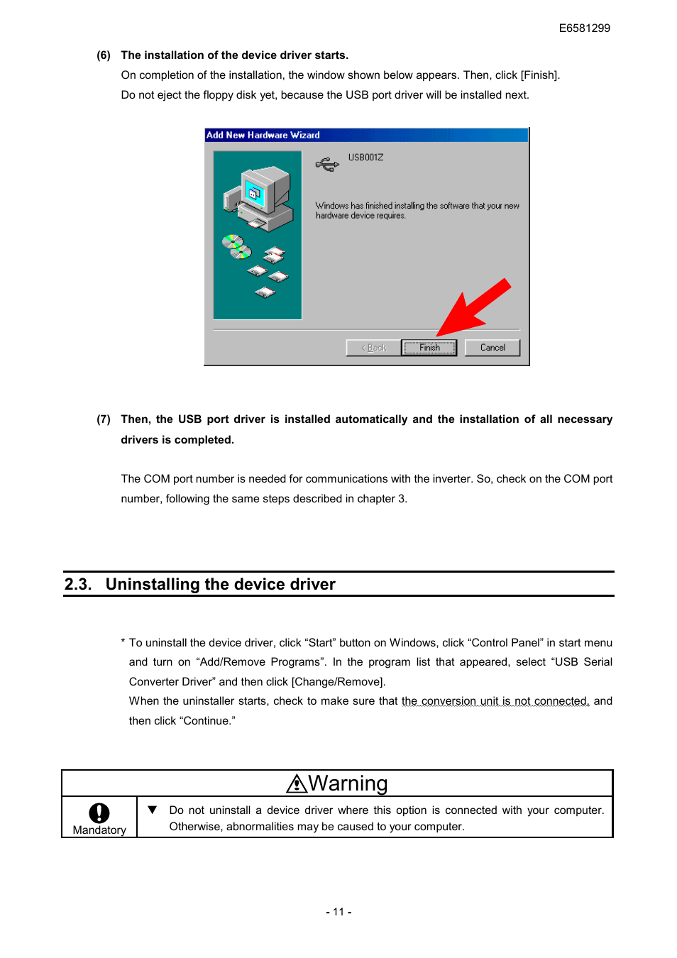 Warning, Uninstalling the device driver | Toshiba USB001Z User Manual | Page 12 / 18