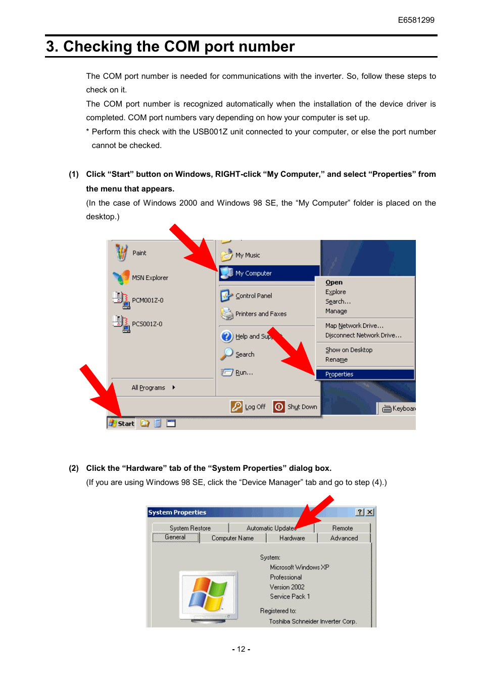 Checking the com port number | Toshiba USB001Z User Manual | Page 13 / 18