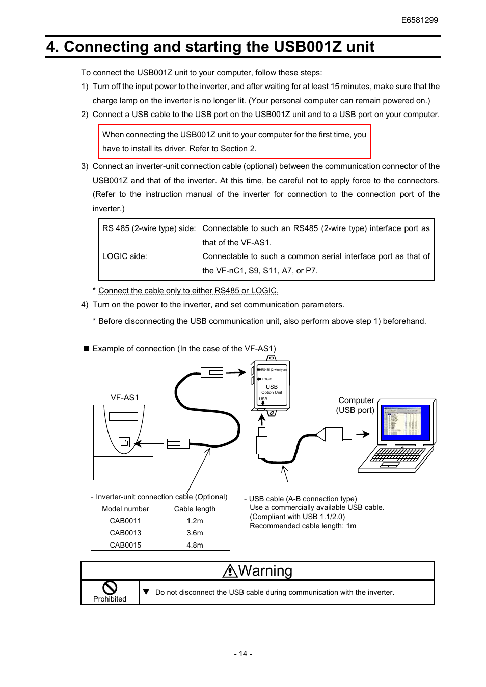 Connecting and starting the usb001z unit, Warning | Toshiba USB001Z User Manual | Page 15 / 18