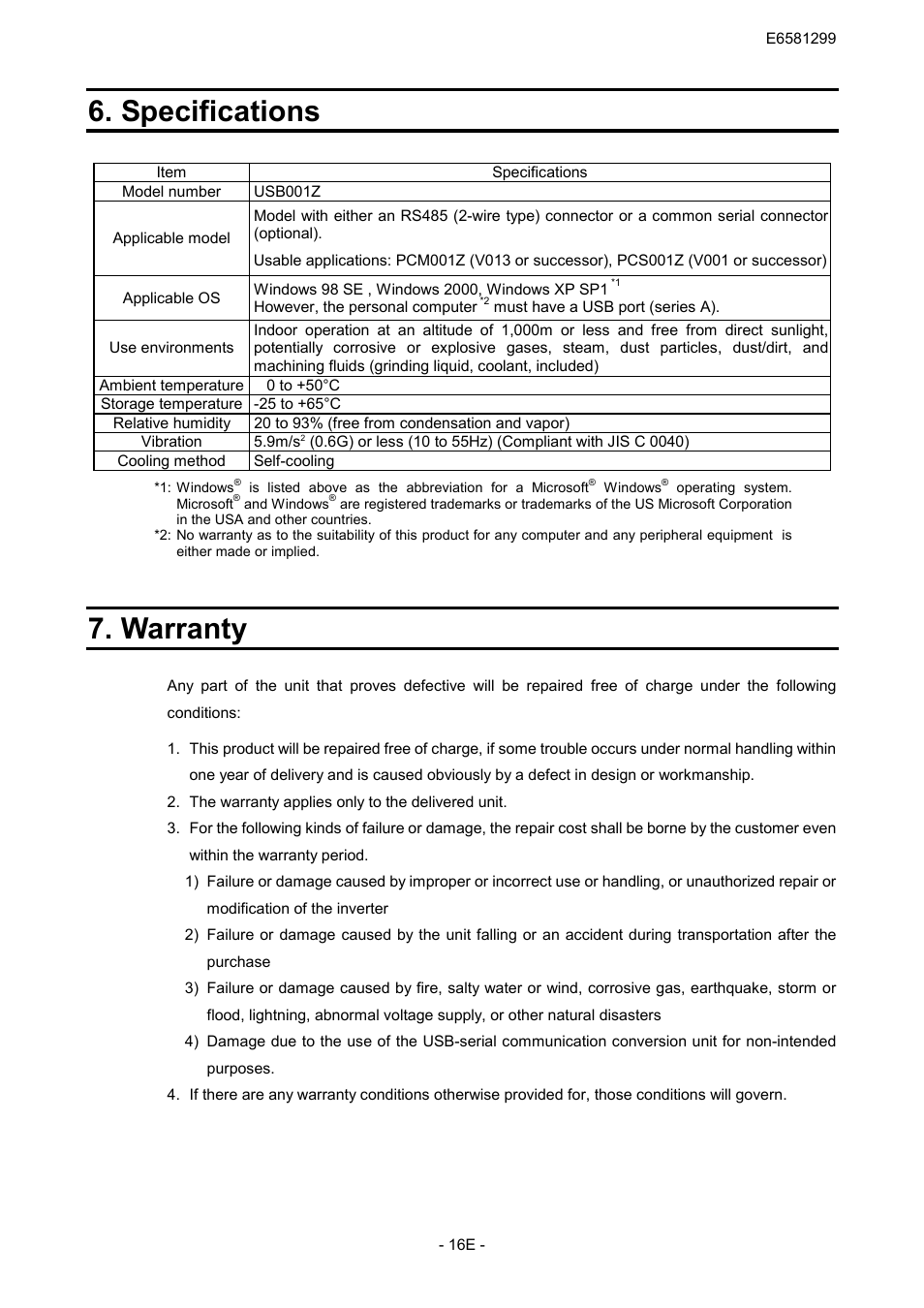 Specifications, Warranty | Toshiba USB001Z User Manual | Page 17 / 18