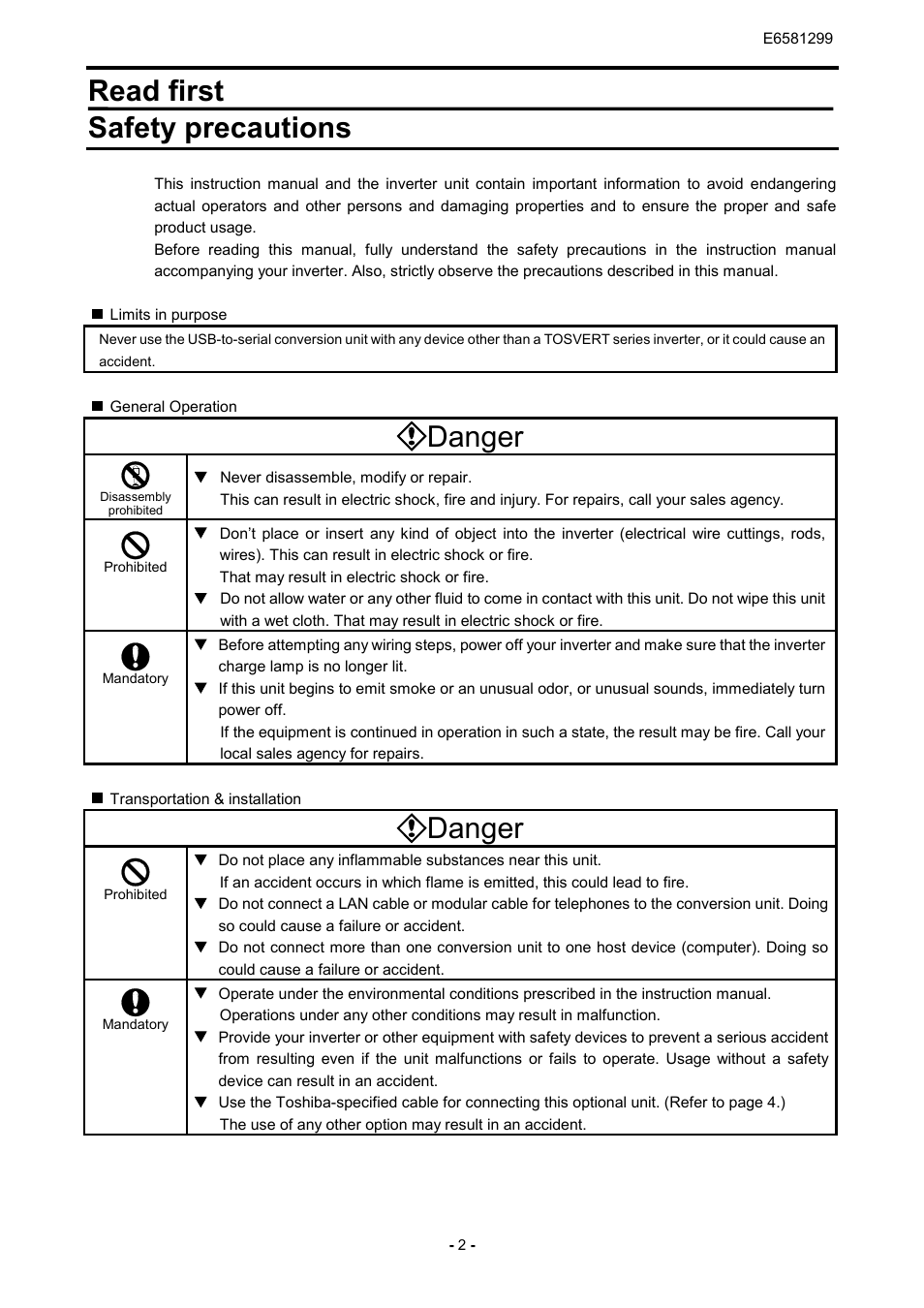 Read first safety precautions, Danger | Toshiba USB001Z User Manual | Page 3 / 18
