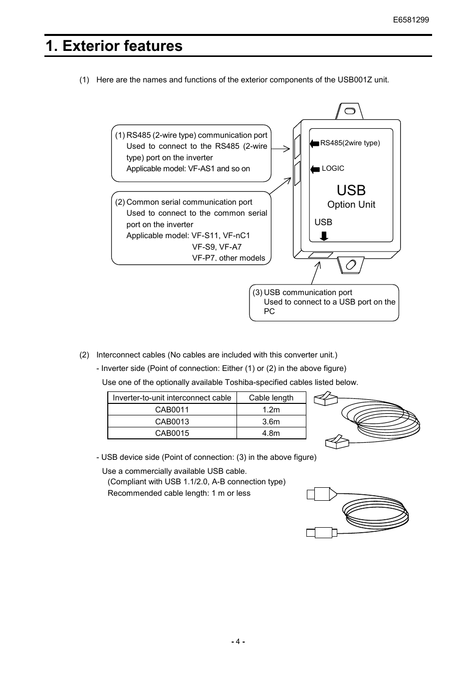 Exterior features | Toshiba USB001Z User Manual | Page 5 / 18