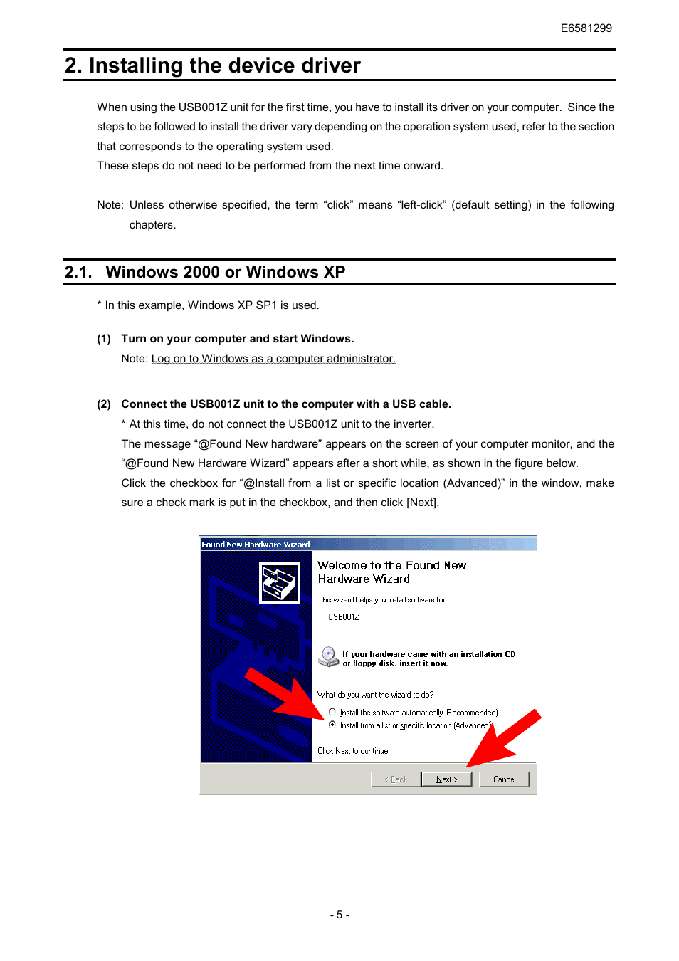 Installing the device driver, Windows 2000 or windows xp | Toshiba USB001Z User Manual | Page 6 / 18