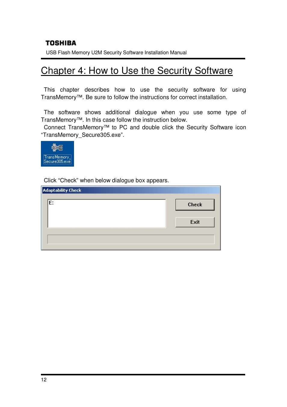 Chapter 4: how to use the security software | Toshiba TRANSMEMORY U2M-004GT User Manual | Page 12 / 26