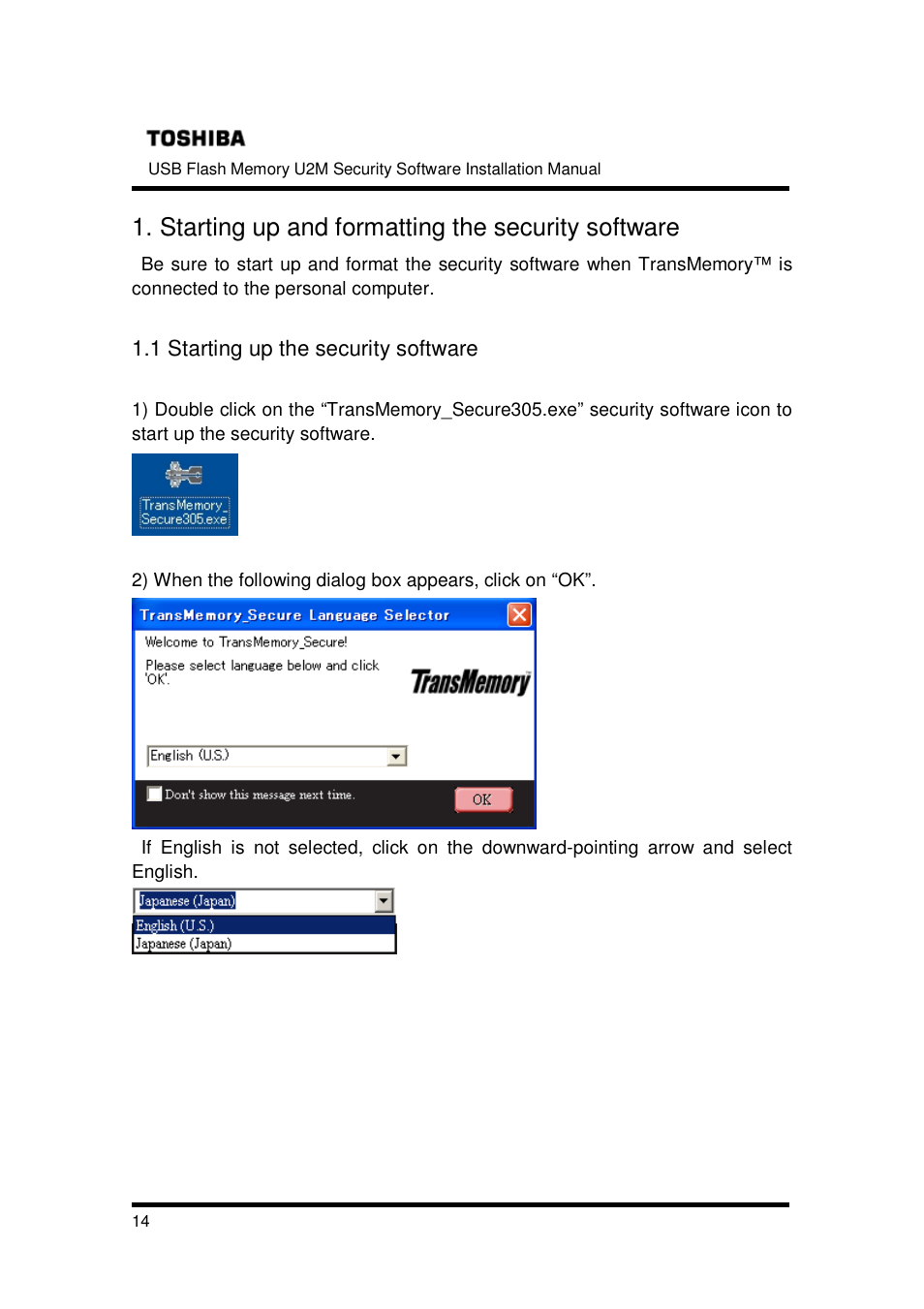 Starting up and formatting the security software | Toshiba TRANSMEMORY U2M-004GT User Manual | Page 14 / 26